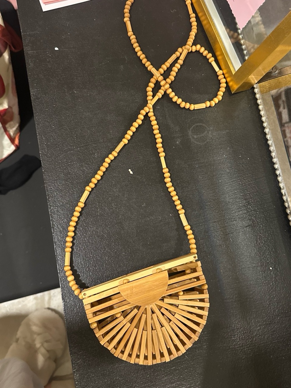 Source Unknown Bamboo Beaded Half-Moon Crossbody - Natural Tan